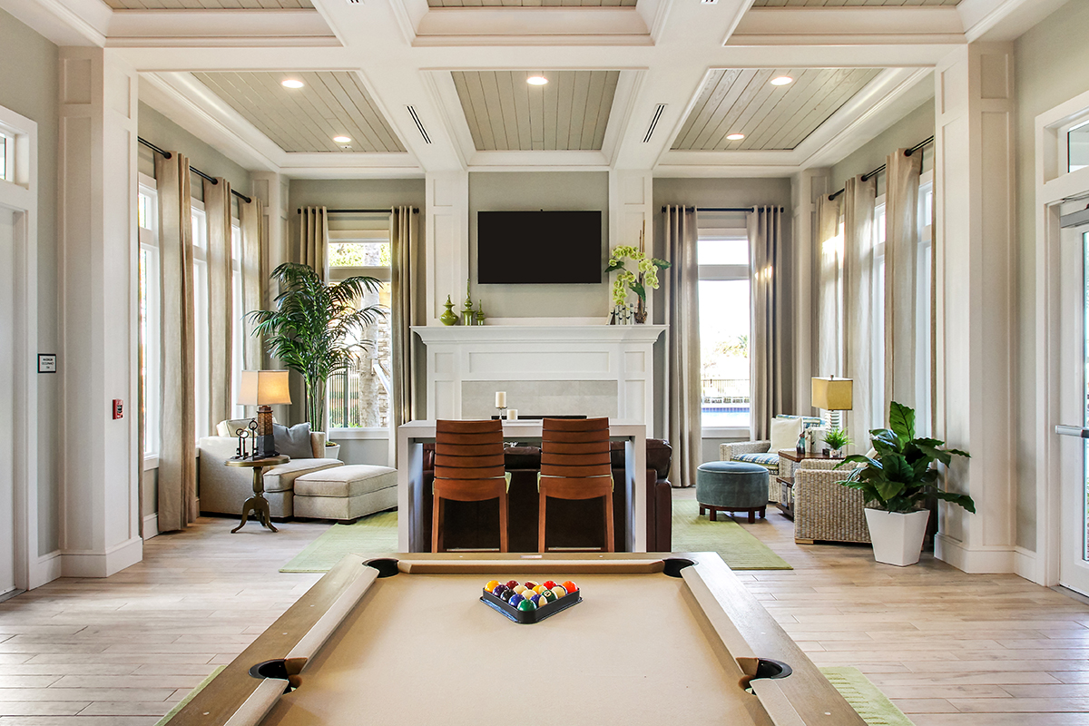 Clubhouse with pool table and fireplace
